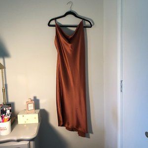 Rust Satin Cowl Neck Midi Dress